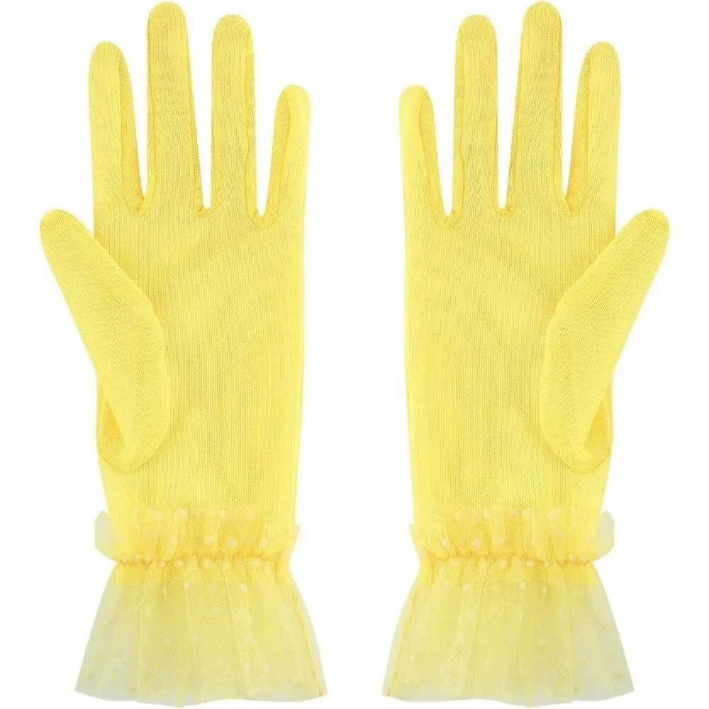 Women's Short Lace Yellow Tulle Sheer Mesh Tea Party Prom Gloves Banquet Costume